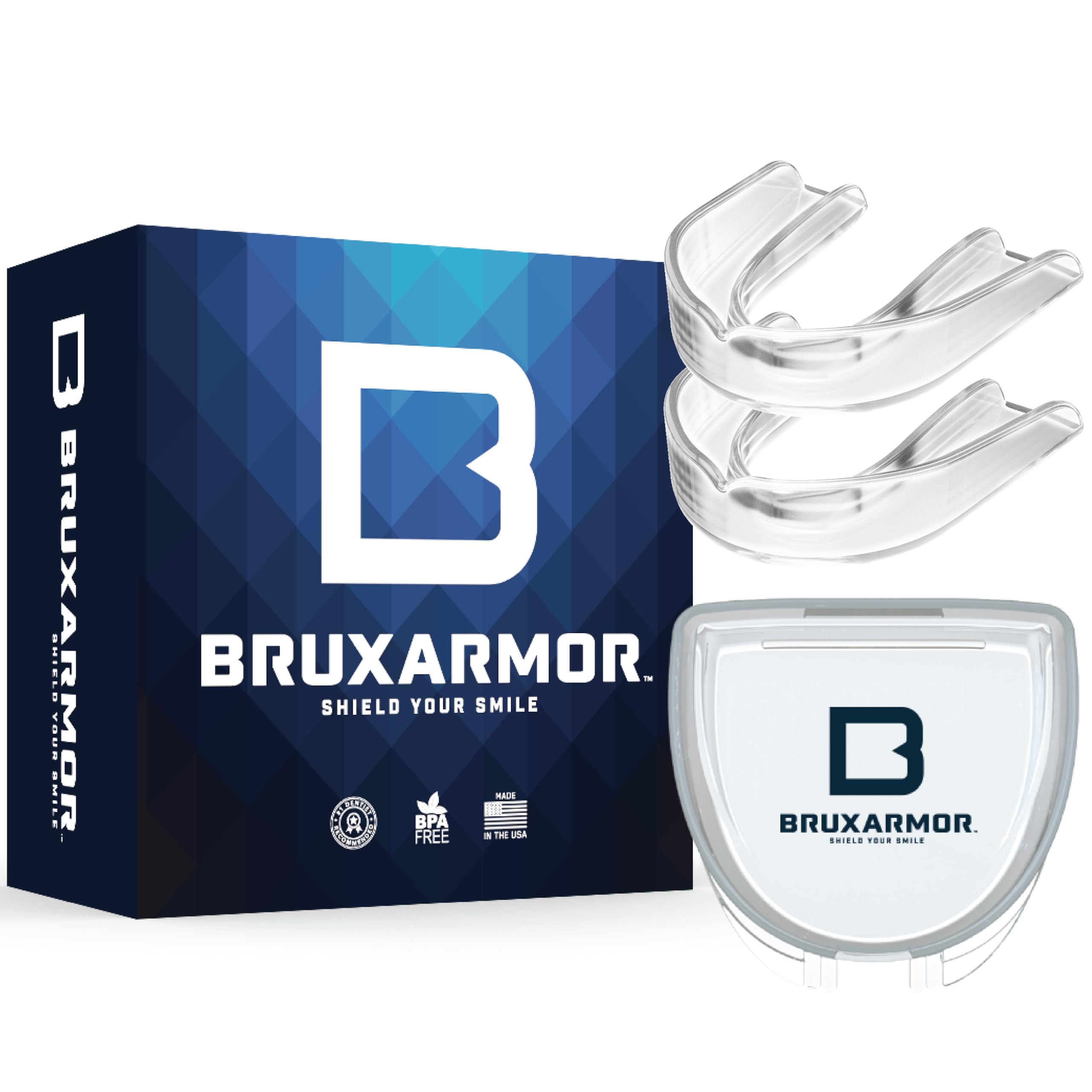 BruxArmor blue product box with two clear night guards and a branded storage case.