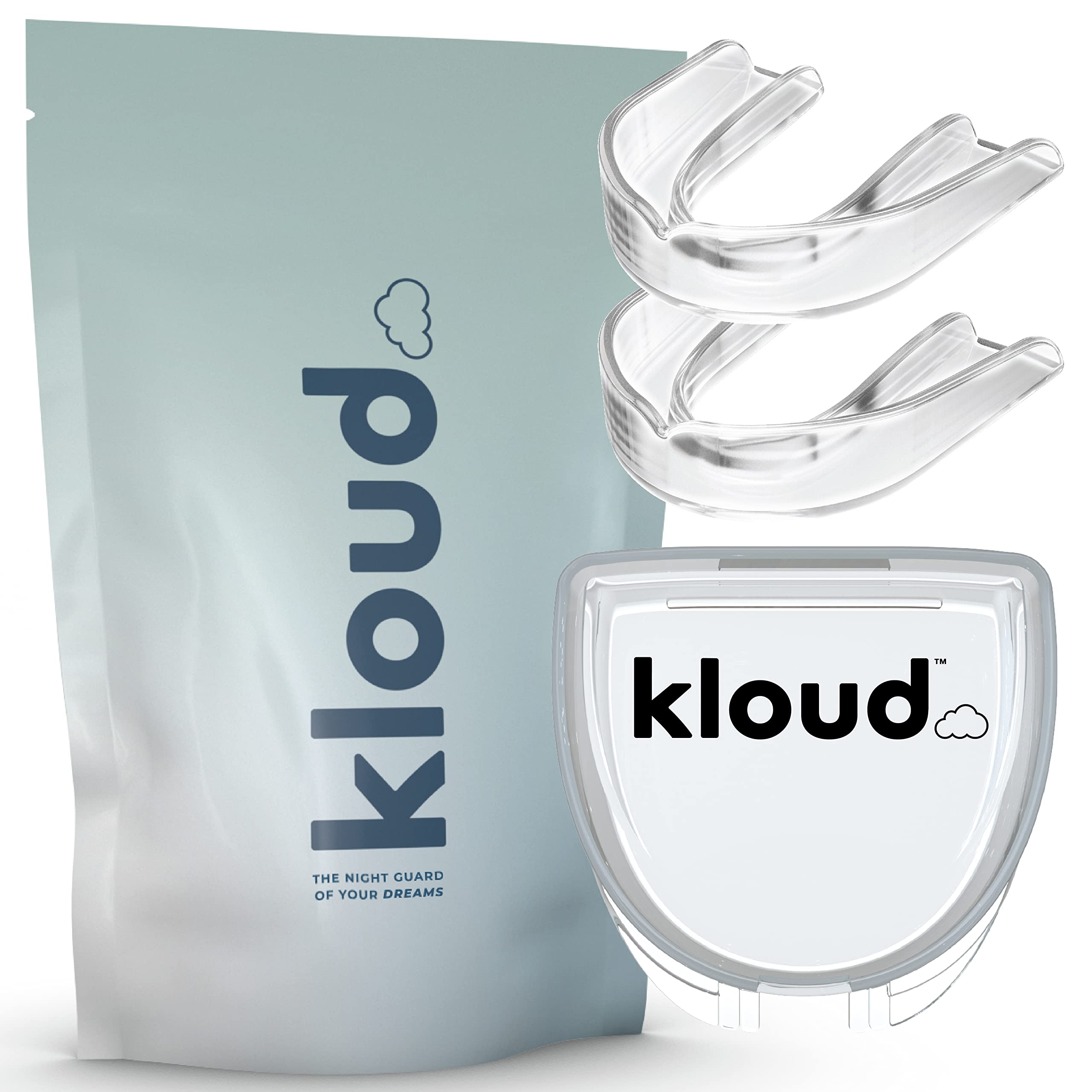 Kloud pale-green product pouch with two clear night guards and a branded storage case.