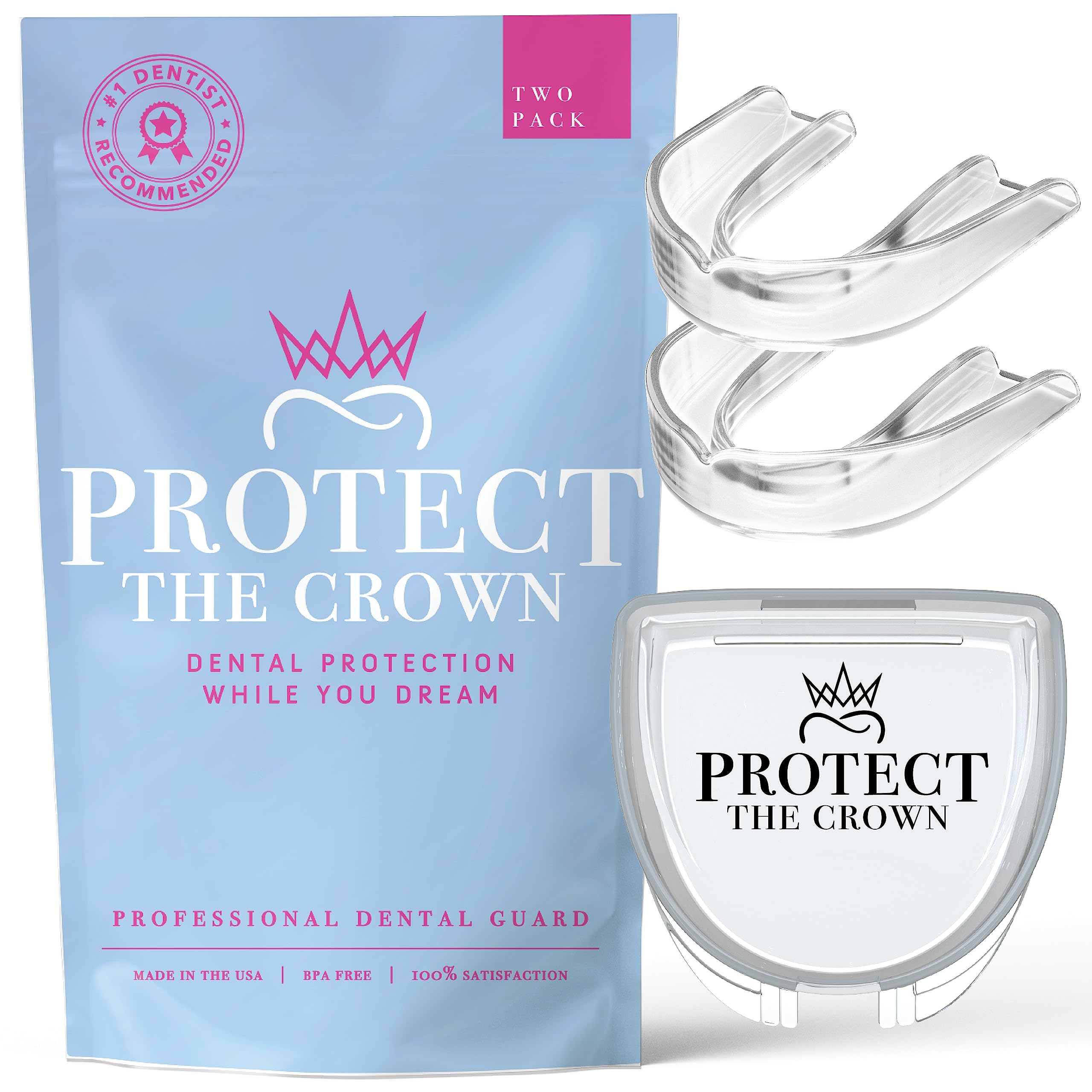 Protect the Crown blue-and-pink product pouch with two clear night guards and a branded storage case.