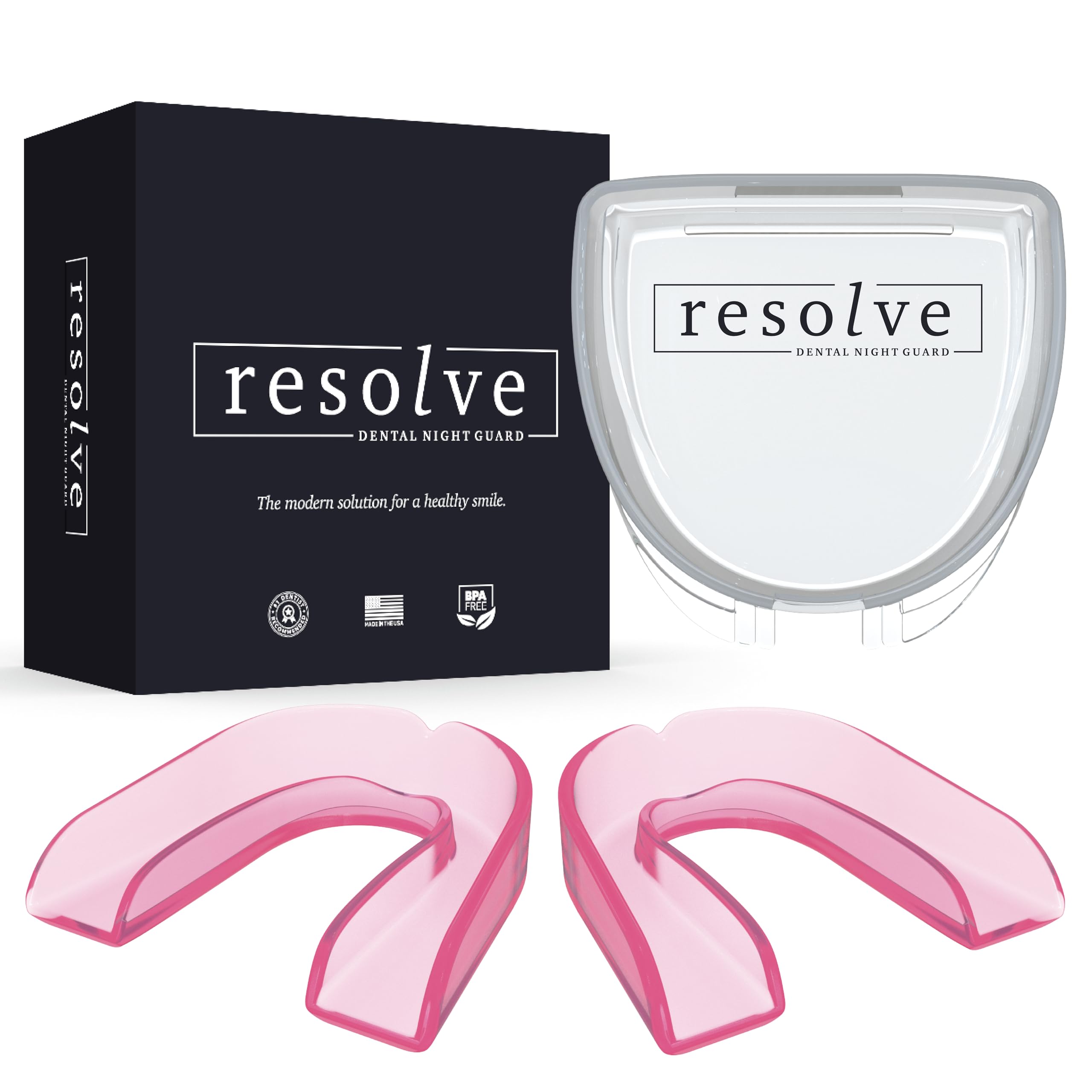 Resolve black product box with two pink night guards and a branded storage case.