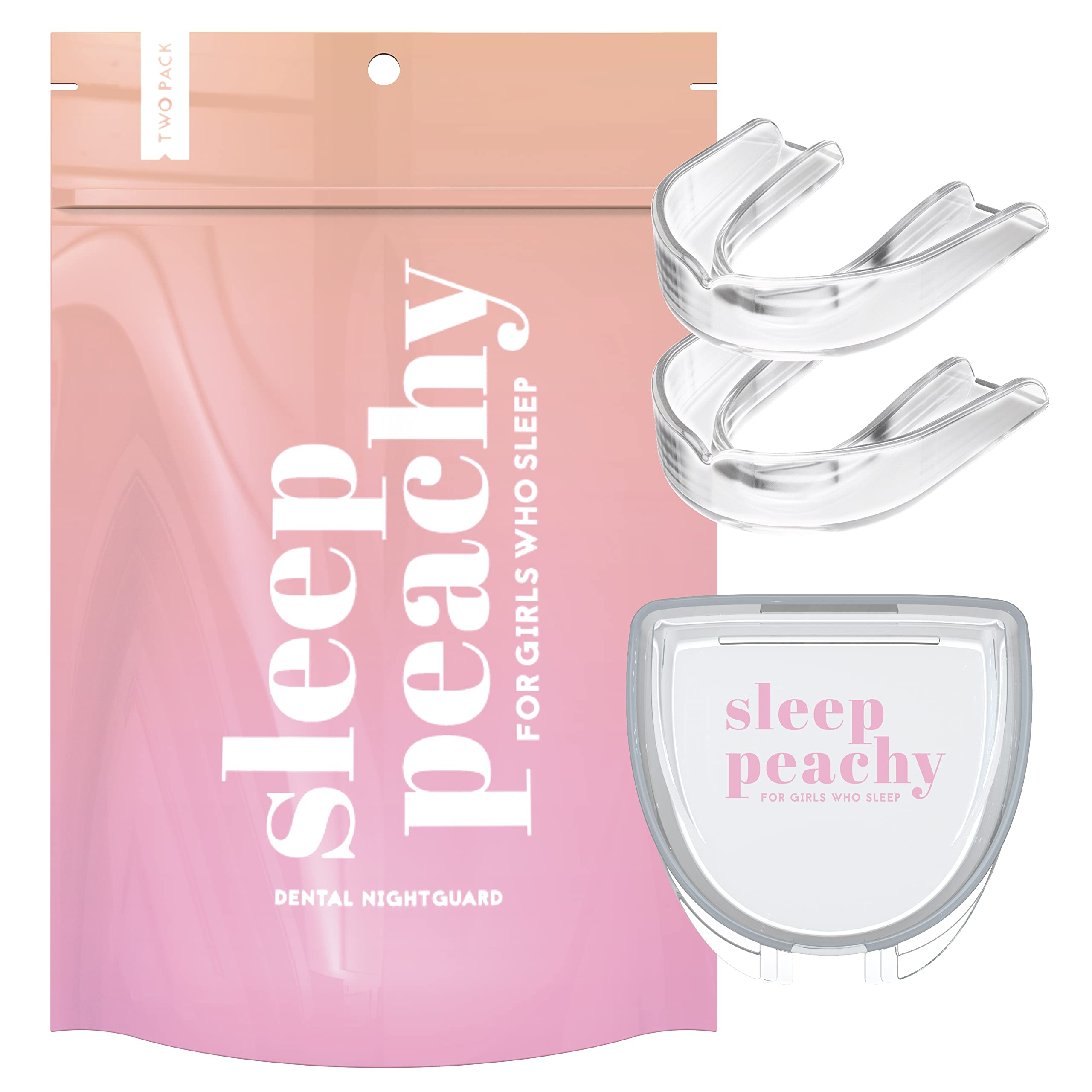 Sleep Peachy peach-and-pink product pouch with two clear night guards and a branded storage case.